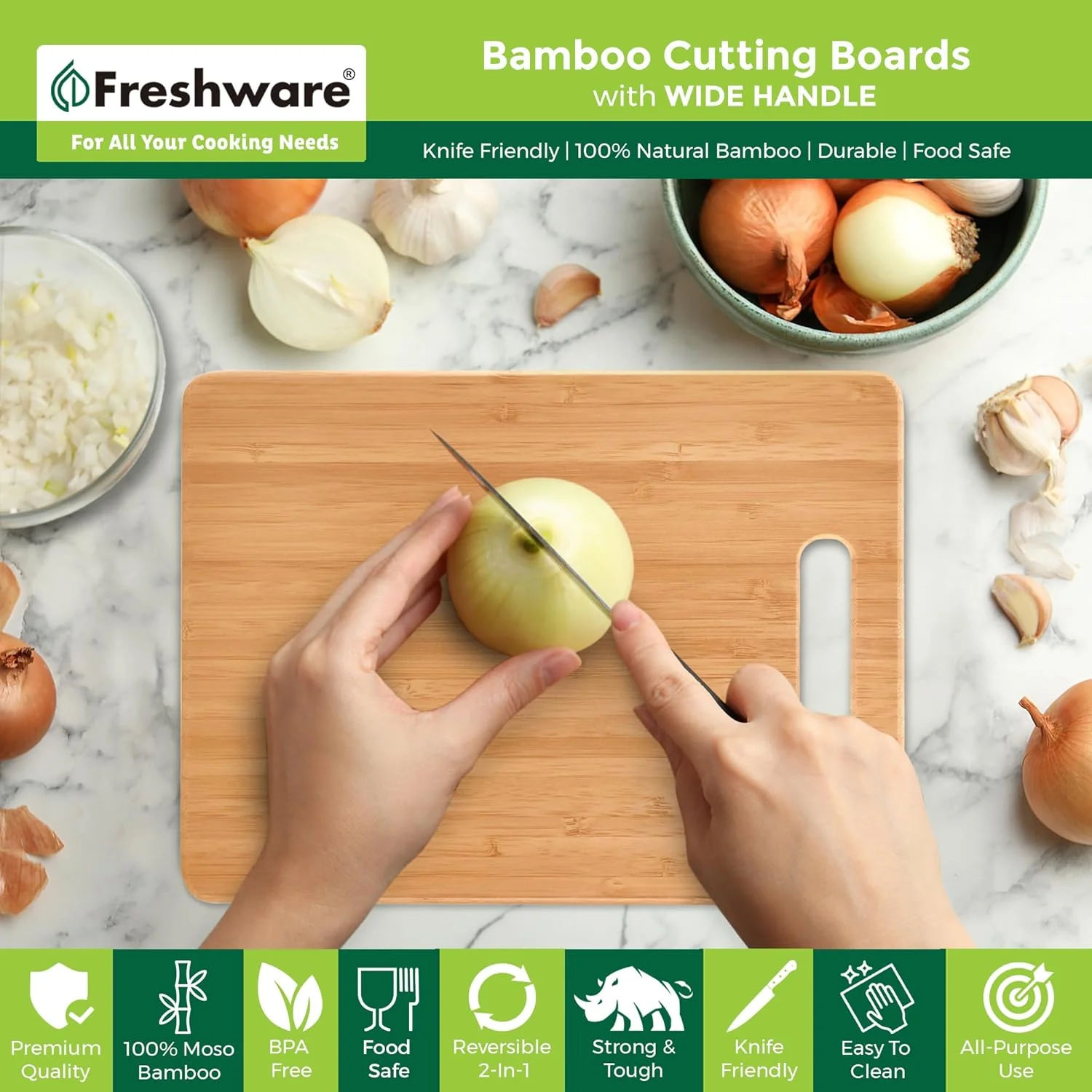 Freshware Bamboo Cutting Board Set - Knife Friendly, BPA-Free, 3 Sizes for All Chopping Needs - Image 3