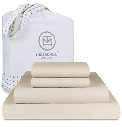 Threadmill King Bed Sheet Set - Luxurious 1000 Thread Count Supima Cotton, 6-Piece Bundle - Beige