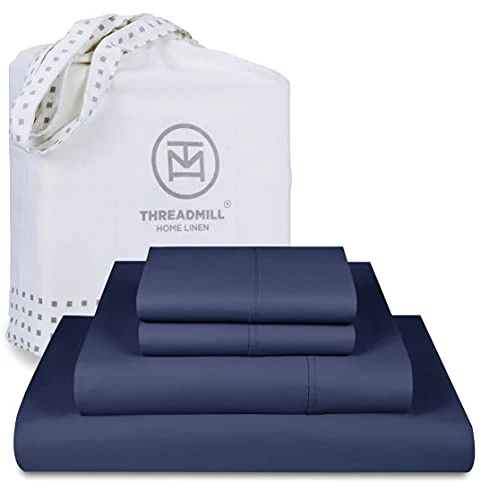 Threadmill Queen Bed Sheet Set - 1000 Thread Count Supima Cotton, Deep Pocket, Folkstone Blue
