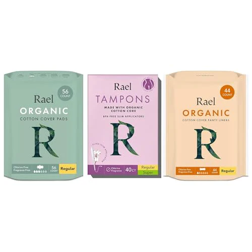 Rael Organic Cotton Feminine Care Set - Leak-Proof, Hypoallergenic, 56 Pads & 40 Tampons