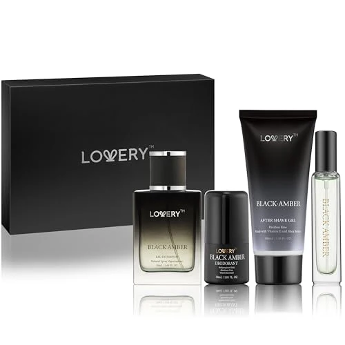 LOVERY Men's Grooming Set - Black Amber Fragrance, Cruelty-Free Ingredients - 4pc Gift Set