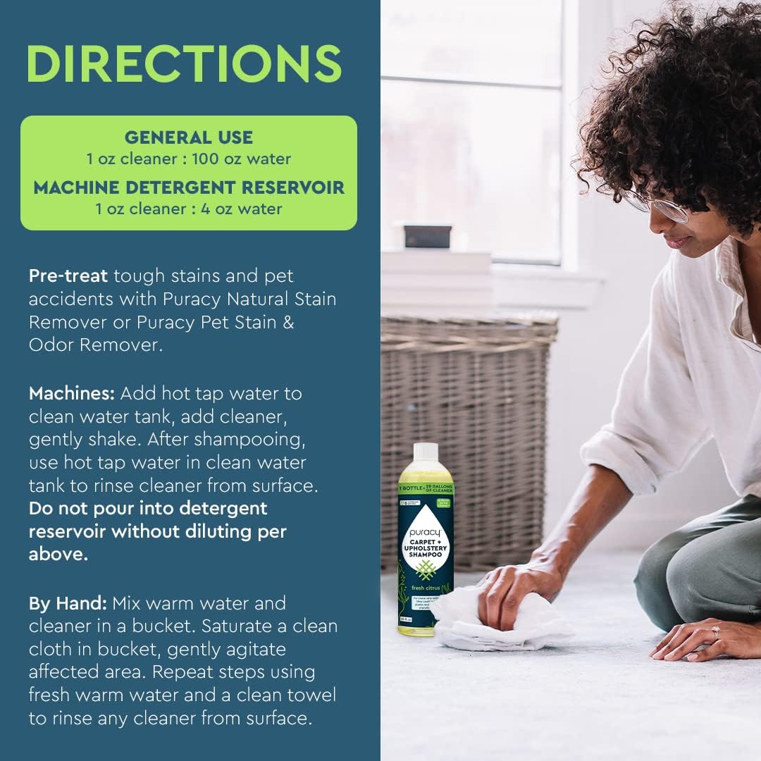 Puracy Carpet Shampoo - Pet Stain Remover, Natural Ingredients, Low Foam - 25oz Makes 20 Gallons - Image 3