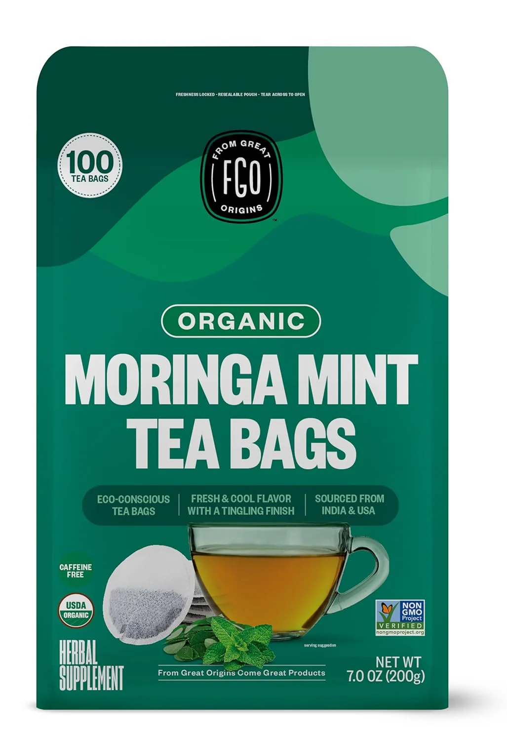 FGO Organic Moringa Mint Tea - Premium Non-GMO, USDA Organic, 100 Count Tea Bags