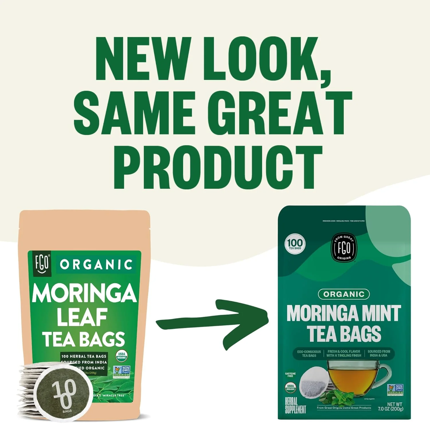 FGO Organic Moringa Mint Tea - Premium Non-GMO, USDA Organic, 100 Count Tea Bags - Image 3