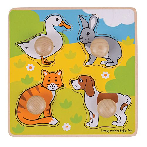 Bigjigs Toys Wooden Toddler Puzzle - Develops Fine Motor Skills, Safe Non-Toxic Wood - 4 Animals